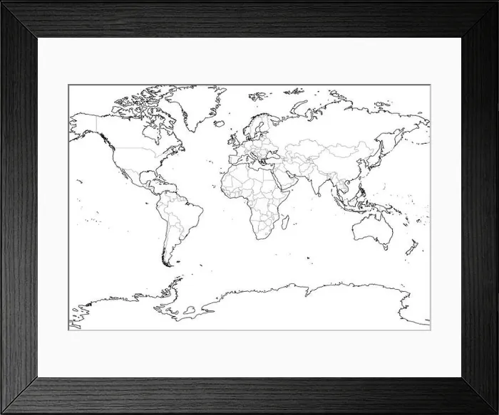 Framed Print : World map outline. Thin country borders and thick land contour on white background. Simple high detail line vector wireframe Framed Print : World map outline. Thin country borders and thick land contour on white background. Simple high detail line vector wireframe