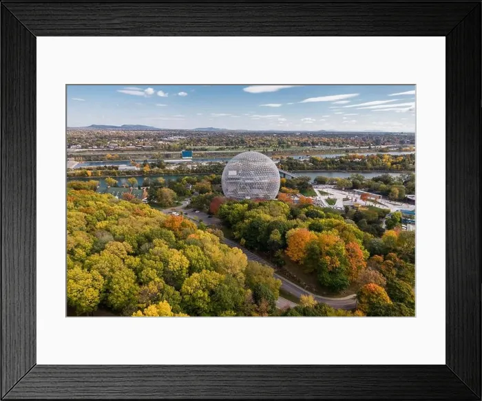 Framed Print : Aerial view of Montreal Biosphere at Parc Jean-Drapeau during fall season in Montreal, Quebec, Canada Framed Print : Aerial view of Montreal Biosphere at Parc Jean-Drapeau during fall season in Montreal, Quebec, Canada