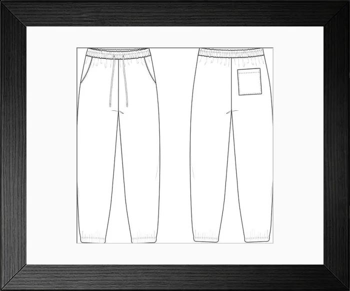 Framed Print : Cuff Sweatpants Flat Technical Drawing Illustration Five Pocket Classic Blank Streetwear Mock-up Template for Design Tech Packs CAD Joggers Framed Print : Cuff Sweatpants Flat Technical Drawing Illustration Five Pocket Classic Blank Streetwear Mock-up Template for Design Tech Packs CAD Joggers