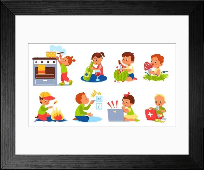 Framed Print : Children dangerous situation. Kids in risk. Boys and girls playing with unsafe objects. House mistakes. Babies curiosity. Beware of electricity