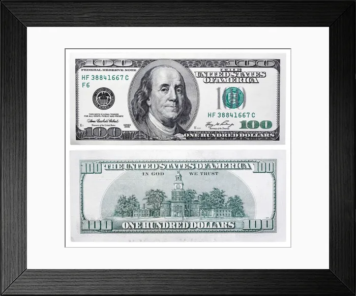 Framed Print : 100 Dollars banknote, Benjamin Franklin and Independence Hall, USA, 2006 Framed Print : 100 Dollars banknote, Benjamin Franklin and Independence Hall, USA, 2006