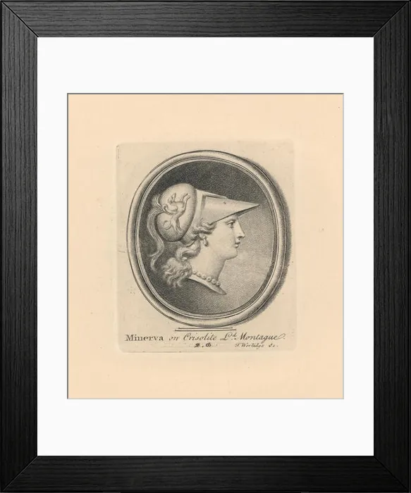 Framed Print : Portrait of Minerva, Roman goddess of wisdom, in helmet with plume, earring and necklace. On chrysolite from Lord Montague's collection Framed Print : Portrait of Minerva, Roman goddess of wisdom, in helmet with plume, earring and necklace. On chrysolite from Lord Montague's collection