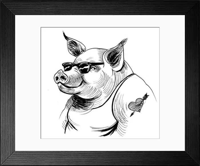 Framed Print : Cool pig in sunglasses and tattoo. Ink black and white illustration Framed Print : Cool pig in sunglasses and tattoo. Ink black and white illustration