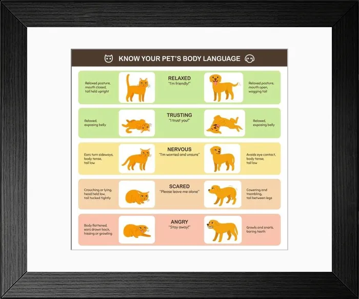 Framed Print : Cat and dog body language comparison, educational infographic chart. Feline and canine emotions and behavior. Cute cartoon vector illustration, printa Framed Print : Cat and dog body language comparison, educational infographic chart. Feline and canine emotions and behavior. Cute cartoon vector illustration, printa