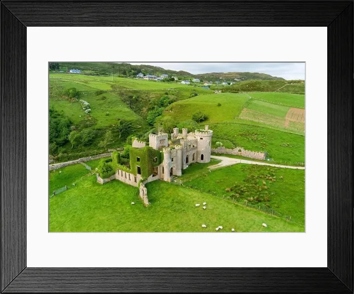 Framed Print : Aerial view of Clifden Castle, ruined manor house, standing on famous Sky Road near Clifden town, great example of Gothic Revival architecture, histor