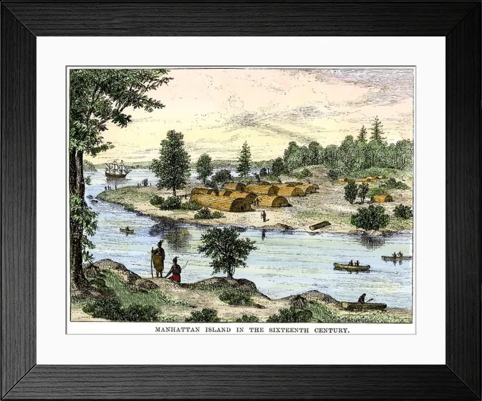 Framed Print : Native American longhouses on Manhattan Island in the 1500s. Hand-colored woodcut