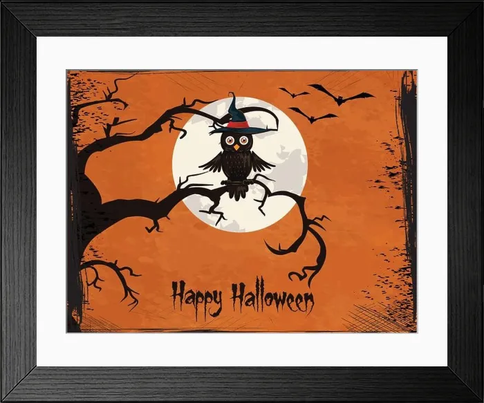Framed Print : A Halloween owl is perched on a tree branch. The owl is wearing a hat and the moon is in the background. The image is titled Happy Halloween Framed Print : A Halloween owl is perched on a tree branch. The owl is wearing a hat and the moon is in the background. The image is titled Happy Halloween