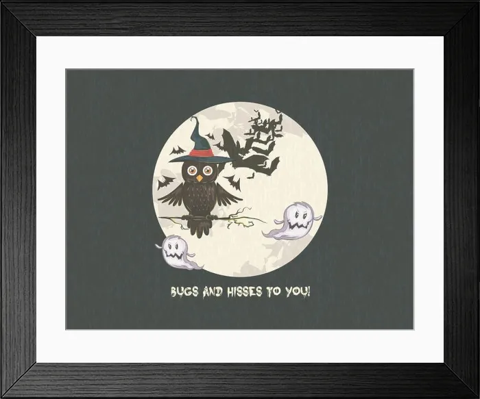 Framed Print : A Halloween themed image of a witch with a black hat and a black owl on a branch. The owl is holding a stick and there are two ghosts in the backgroun Framed Print : A Halloween themed image of a witch with a black hat and a black owl on a branch. The owl is holding a stick and there are two ghosts in the backgroun