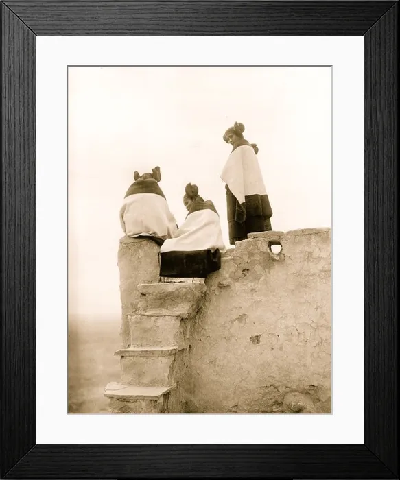 Framed Print : Three Hopi women at top of adobe steps, New Mexico Framed Print : Three Hopi women at top of adobe steps, New Mexico