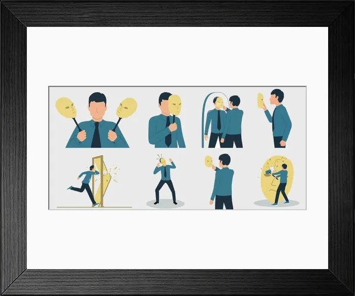 Framed Print : Vector illustration of dissociative personality disorder, imposter syndrome or split personality disorder. A man suffering from a mental disorder. Set Framed Print : Vector illustration of dissociative personality disorder, imposter syndrome or split personality disorder. A man suffering from a mental disorder. Set