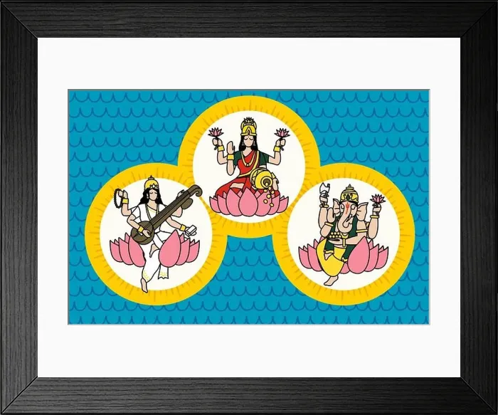 Framed Print : Lakshmi (Represents material wealth & fortune), Saraswati (Represents knowledge & wisdom) And Ganapati (Represents the Siddhi Buddhi to bring balance) Framed Print : Lakshmi (Represents material wealth & fortune), Saraswati (Represents knowledge & wisdom) And Ganapati (Represents the Siddhi Buddhi to bring balance)