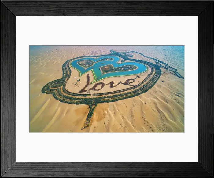 Framed Print : Aerial view of love lake and sand desert in Al Qudra in Dubai United Arab Emirates UAE