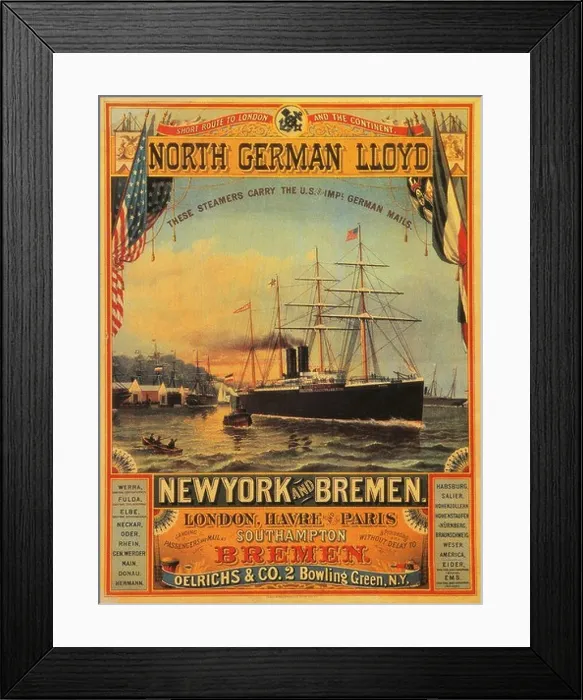 Framed Print : New York to Bremen ship line - a vintage travel poster, 1875 - Editorial use only Framed Print : New York to Bremen ship line - a vintage travel poster, 1875 - Editorial use only