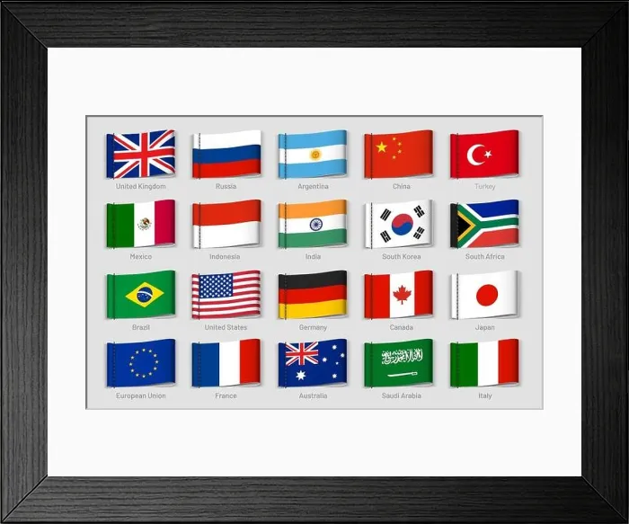 Framed Print : National flags fabric tags. G20 countries labels, official country flag tag vector set Framed Print : National flags fabric tags. G20 countries labels, official country flag tag vector set