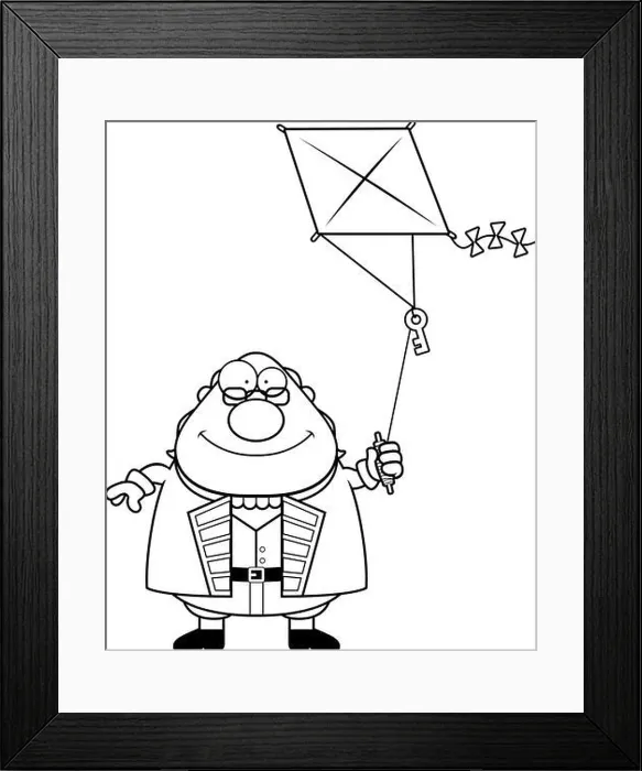 Framed Print : A cartoon illustration of Ben Franklin flying a kite Framed Print : A cartoon illustration of Ben Franklin flying a kite