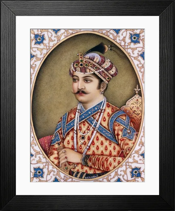 Framed Print : Akbar, Mughal Emperor, sitting on throne, wearing pearl necklace, precious stones turban, miniature painting on ivory, India, old vintage 1700s image Framed Print : Akbar, Mughal Emperor, sitting on throne, wearing pearl necklace, precious stones turban, miniature painting on ivory, India, old vintage 1700s image