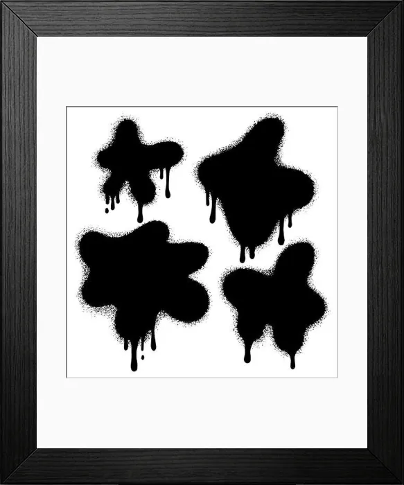Framed Print : Set of graffiti spray banners. Vector spray paint shapes with Lines and Droplets Black ink splashes, collection of ink stains, Street style