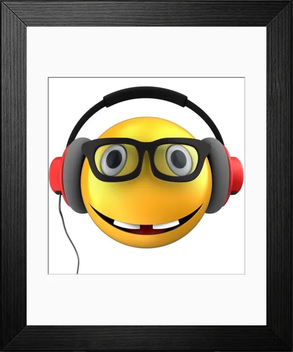 Framed Print : 3d illustration of yellow emoticon smile with red headphones over white background Framed Print : 3d illustration of yellow emoticon smile with red headphones over white background