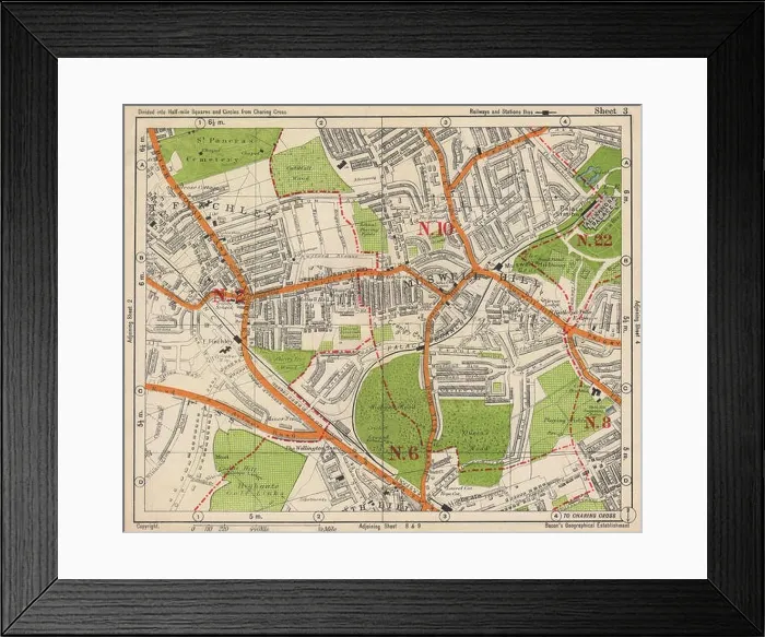Framed Print : N LONDON. East Finchley Muswell Hill Highgate Crystal Palace. BACON, 1938 map Framed Print : N LONDON. East Finchley Muswell Hill Highgate Crystal Palace. BACON, 1938 map