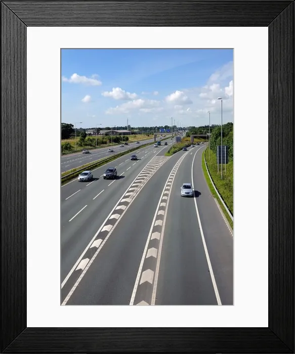Framed Print : motorway with old style central reservation barrier before upgrade in safety standards Framed Print : motorway with old style central reservation barrier before upgrade in safety standards