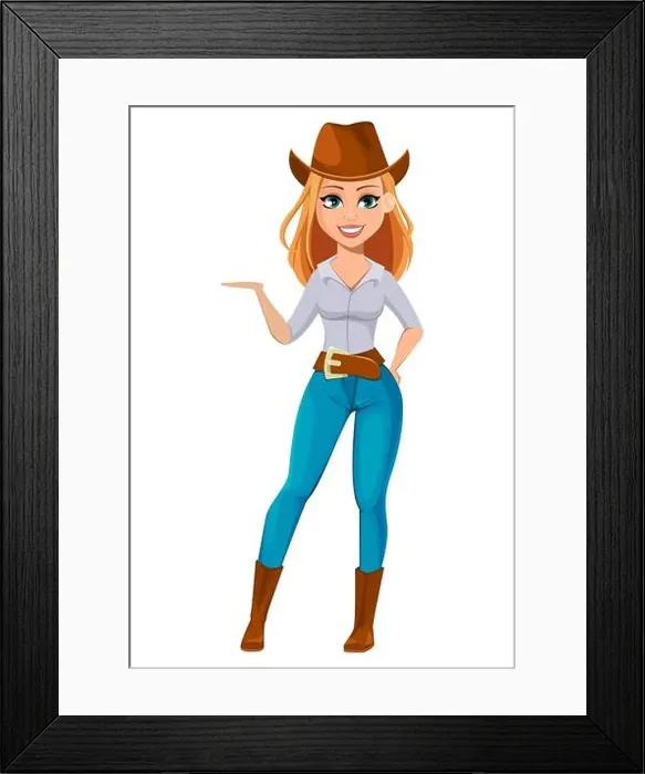 Framed Print : Young pretty farmer woman in cowboy hat. Cheerful gardener woman cartoon character showing something. Vector illustration isolated on white background Framed Print : Young pretty farmer woman in cowboy hat. Cheerful gardener woman cartoon character showing something. Vector illustration isolated on white background