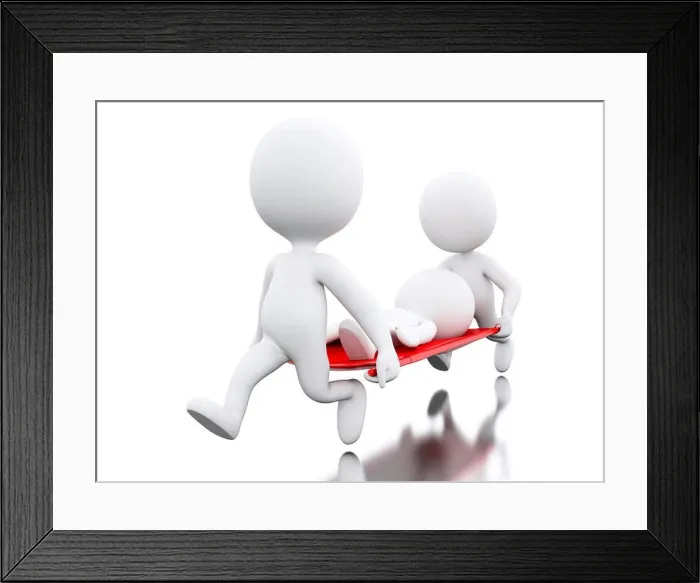 Framed Print : 3d renderer image. Doctors carrying patient. Medical concept. Isolated white background Framed Print : 3d renderer image. Doctors carrying patient. Medical concept. Isolated white background