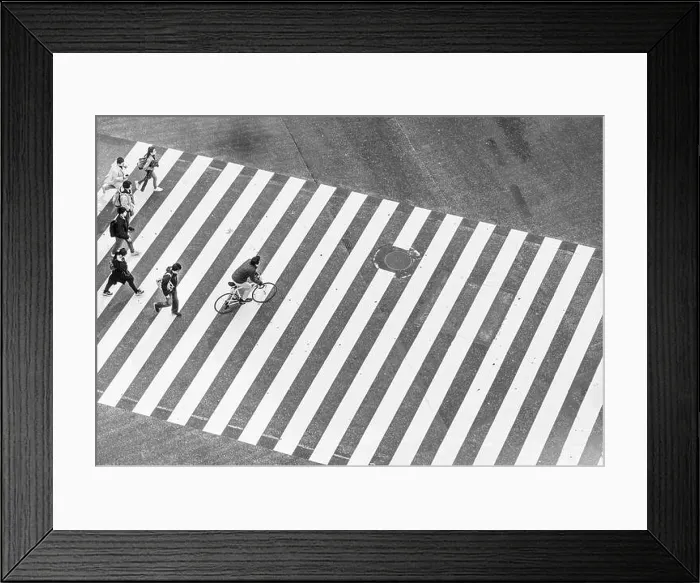 Framed Print : Shibuya Crossing, crossroad, people and cyclists cross zebra crossing, black and white, Shibuya, Udagawacho, Tokyo, Japan
