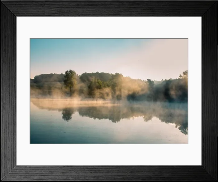 Framed Print : Sunrise with sea fog at the lake Obersee in Bielefeld Framed Print : Sunrise with sea fog at the lake Obersee in Bielefeld
