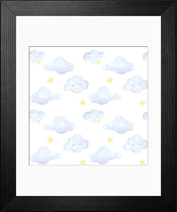 Framed Print : Seamless baby pattern. Kids prints. Watercolor. Light blue clouds fly, yellow stars. Clouds sleeping. White background. Print quality Framed Print : Seamless baby pattern. Kids prints. Watercolor. Light blue clouds fly, yellow stars. Clouds sleeping. White background. Print quality