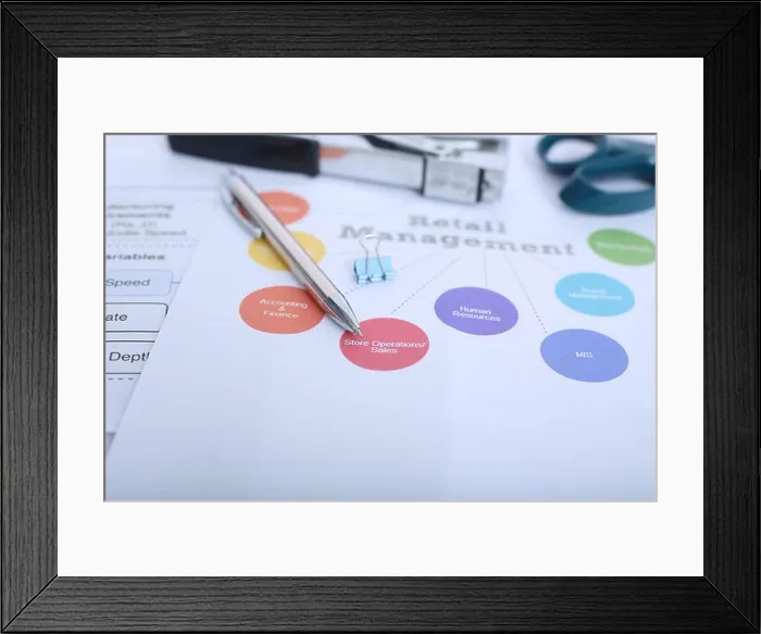Framed Print : Picture of stapler, paper clip and pen on the retail management chart Framed Print : Picture of stapler, paper clip and pen on the retail management chart