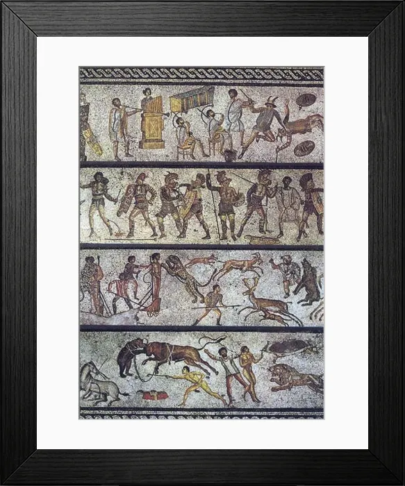 Framed Print : Mosaic showing Roman entertainments from the 1st century. Jamahiriya Museum, Tripoli, Libya. From Dar Buc Ammera villa (Zliten).. before 80 AD Framed Print : Mosaic showing Roman entertainments from the 1st century. Jamahiriya Museum, Tripoli, Libya. From Dar Buc Ammera villa (Zliten).. before 80 AD