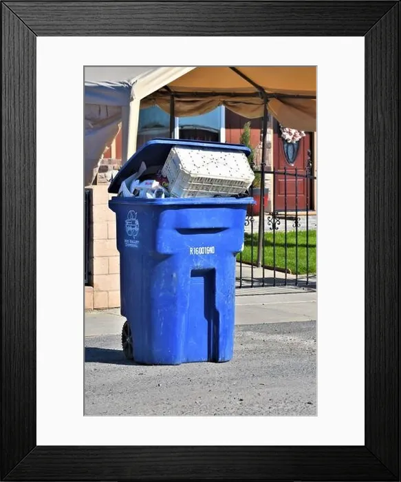Framed Print : Trash and cans and dumpster for pickup by recycling and disposal company to take to landfill for value of items in cans Framed Print : Trash and cans and dumpster for pickup by recycling and disposal company to take to landfill for value of items in cans