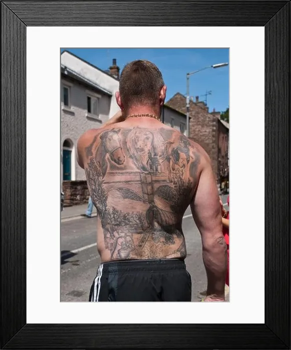 Framed Print : Gentleman proudly displaying his tattooed back where the subject matter fits the very event he is attending....The Appleby Horse Fair in Cumbria Framed Print : Gentleman proudly displaying his tattooed back where the subject matter fits the very event he is attending....The Appleby Horse Fair in Cumbria