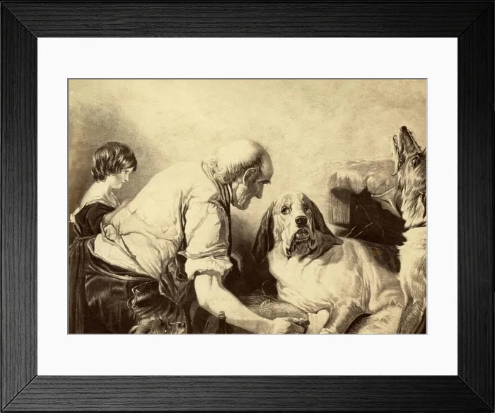 Framed Print : Man assisting his old wounded dog, painting Framed Print : Man assisting his old wounded dog, painting