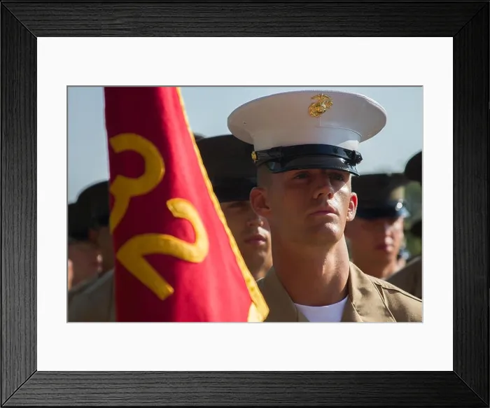 Framed Print : Pfc. Nicholas J. Bressan, the platoon honor graduate for 3032, stands at parade rest before marching onto the parade deck at graduation here, May 23 Framed Print : Pfc. Nicholas J. Bressan, the platoon honor graduate for 3032, stands at parade rest before marching onto the parade deck at graduation here, May 23