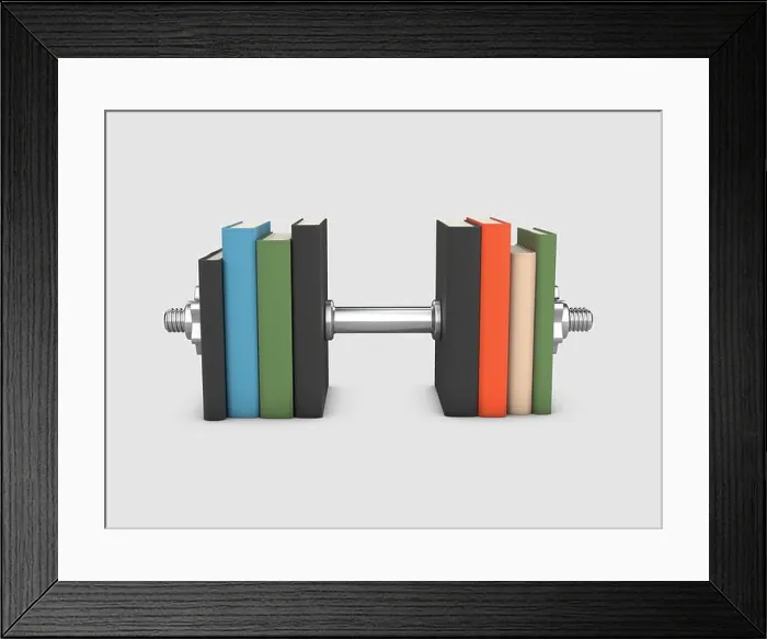 Framed Print : 3d Illustration of dumbbell and stack of books for the concept of learning to be fit and healthy Framed Print : 3d Illustration of dumbbell and stack of books for the concept of learning to be fit and healthy