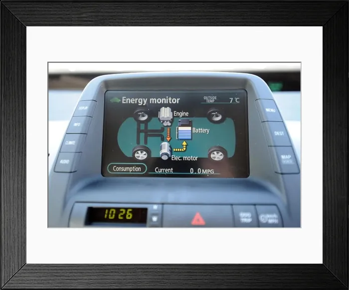 Framed Print : 2008 Toyota Prius hybrid car, 2nd generation, screen showing energy monitor of consumption and creation Framed Print : 2008 Toyota Prius hybrid car, 2nd generation, screen showing energy monitor of consumption and creation