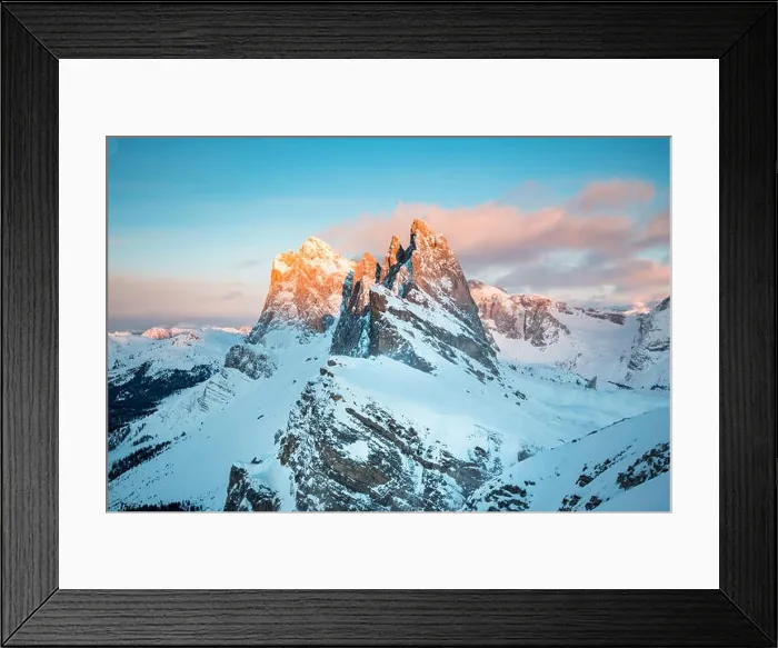 Framed Print : Classic view of famous Seceda mountain peaks in the Dolomites illuminated in beautiful evening light at sunset in winter, South Tyrol, Italy Framed Print : Classic view of famous Seceda mountain peaks in the Dolomites illuminated in beautiful evening light at sunset in winter, South Tyrol, Italy