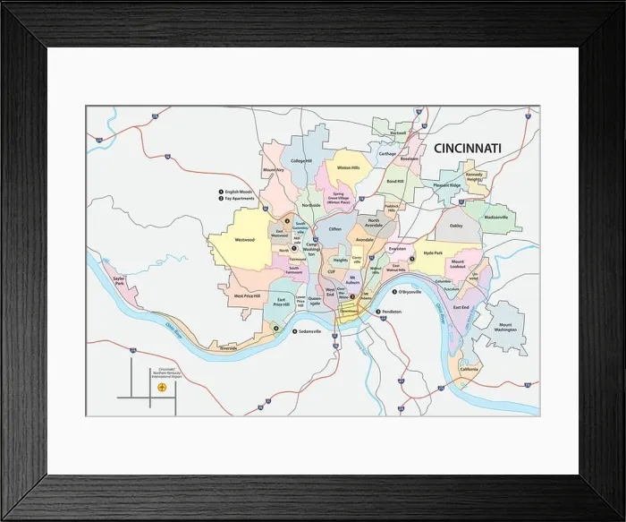 Framed Print : cincinnati road and neighborhood map