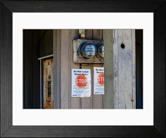 Framed Print : Old rotary electricity meters and posters. Do not install smart meter Framed Print : Old rotary electricity meters and posters. Do not install smart meter