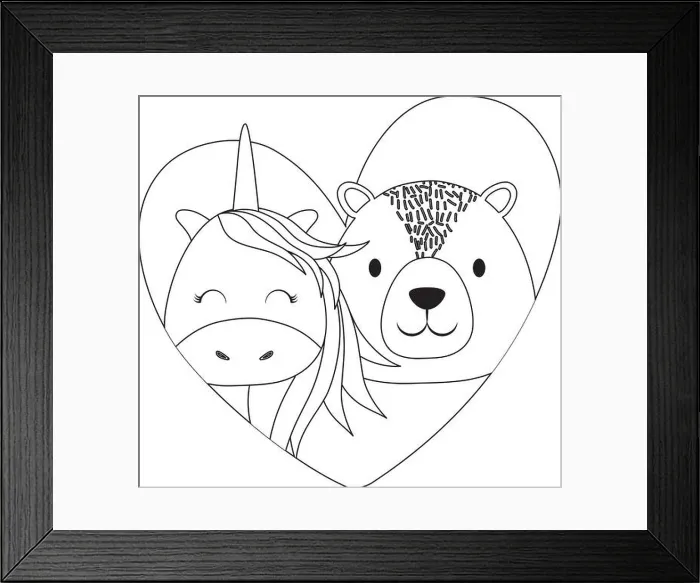 Framed Print : heart with cute unicorn and bear over white background, vector illustration Framed Print : heart with cute unicorn and bear over white background, vector illustration