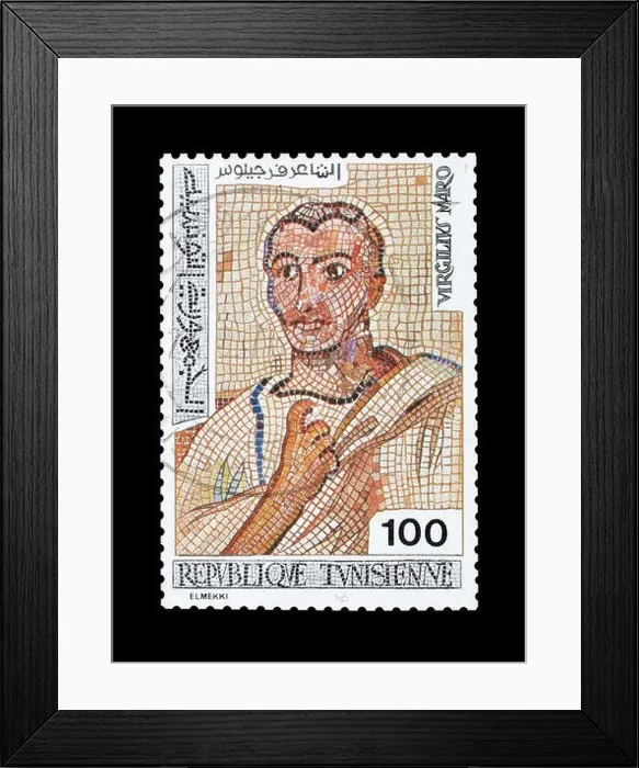 Framed Print : Cancelled postage stamp printed by Tunisia, that shows Mosaic of Virgil, circa 1976 Framed Print : Cancelled postage stamp printed by Tunisia, that shows Mosaic of Virgil, circa 1976