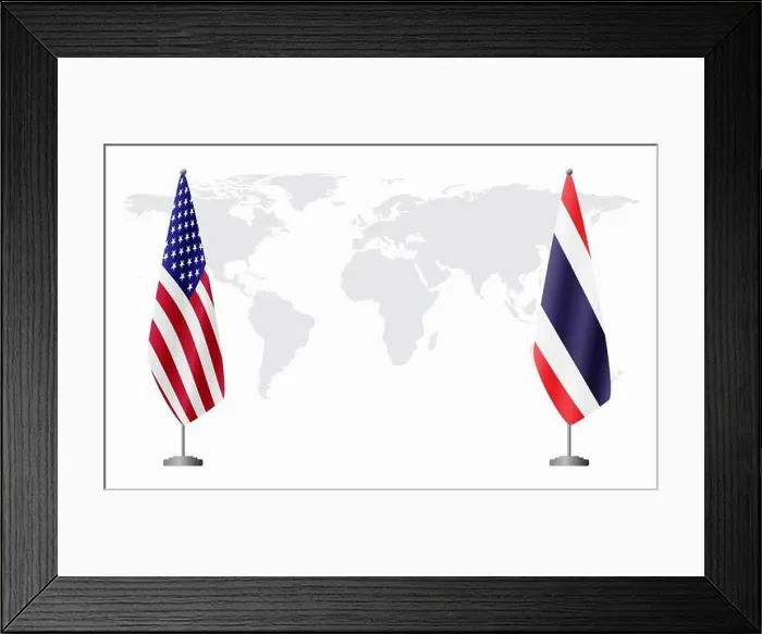 Framed Print : United States and Thailand flags for official meeting against background of world map Framed Print : United States and Thailand flags for official meeting against background of world map