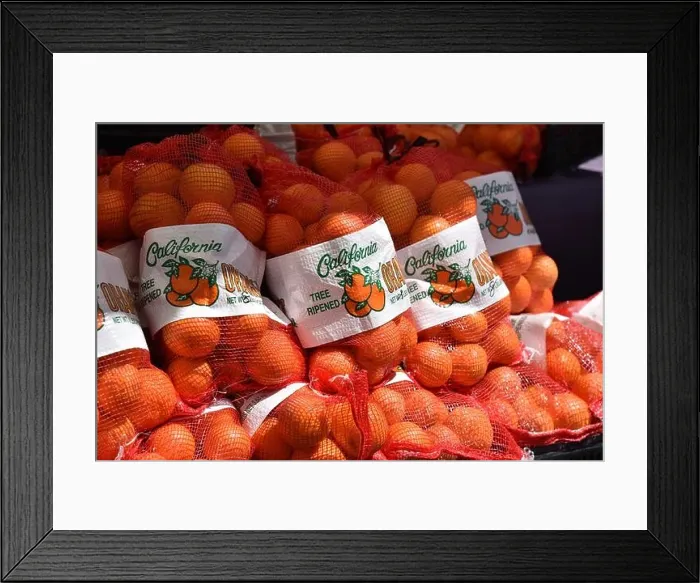 Framed Print : Large bags of fresh oraganic California oranges at an outdoor market Framed Print : Large bags of fresh oraganic California oranges at an outdoor market