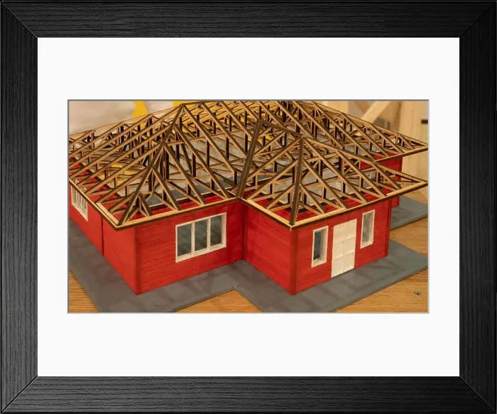 Framed Print : miniature architecture project model of small house made of wood represent actual stage of progress on construction site Framed Print : miniature architecture project model of small house made of wood represent actual stage of progress on construction site