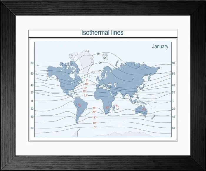 Framed Print : Isotherm. World Map with continents, Isothermal Lines, and physical temperature zones in January in degrees Celsius. Vector Framed Print : Isotherm. World Map with continents, Isothermal Lines, and physical temperature zones in January in degrees Celsius. Vector