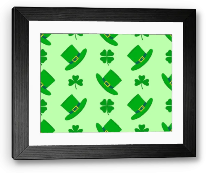 Framed Print : Seamless pattern with clover leaves and Leprechaun hat. Happy St. Patrick's Day. Four-leaf and three-leaf clovers are green. Background for wallpaper Framed Print : Seamless pattern with clover leaves and Leprechaun hat. Happy St. Patrick's Day. Four-leaf and three-leaf clovers are green. Background for wallpaper