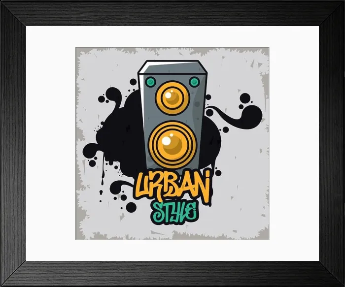 Framed Print : graffiti urban style poster with speaker Framed Print : graffiti urban style poster with speaker