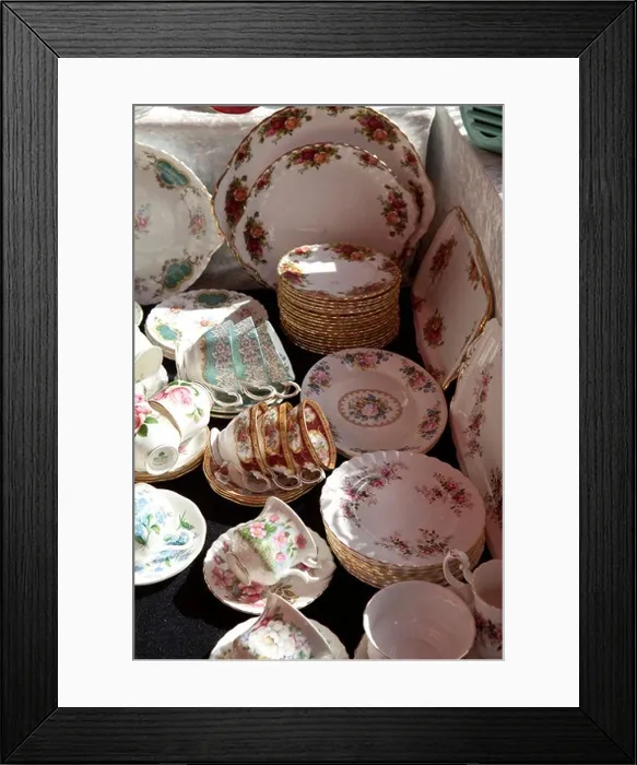 Framed Print : Second hand antique china plates and cups for sale at a stall in the antiques Thursday market in Delft, Holland Framed Print : Second hand antique china plates and cups for sale at a stall in the antiques Thursday market in Delft, Holland