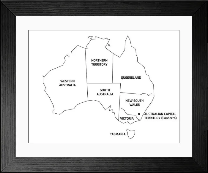 Framed Print : Simplified map of Australia divided into states and territories. Black outline map with labels Framed Print : Simplified map of Australia divided into states and territories. Black outline map with labels